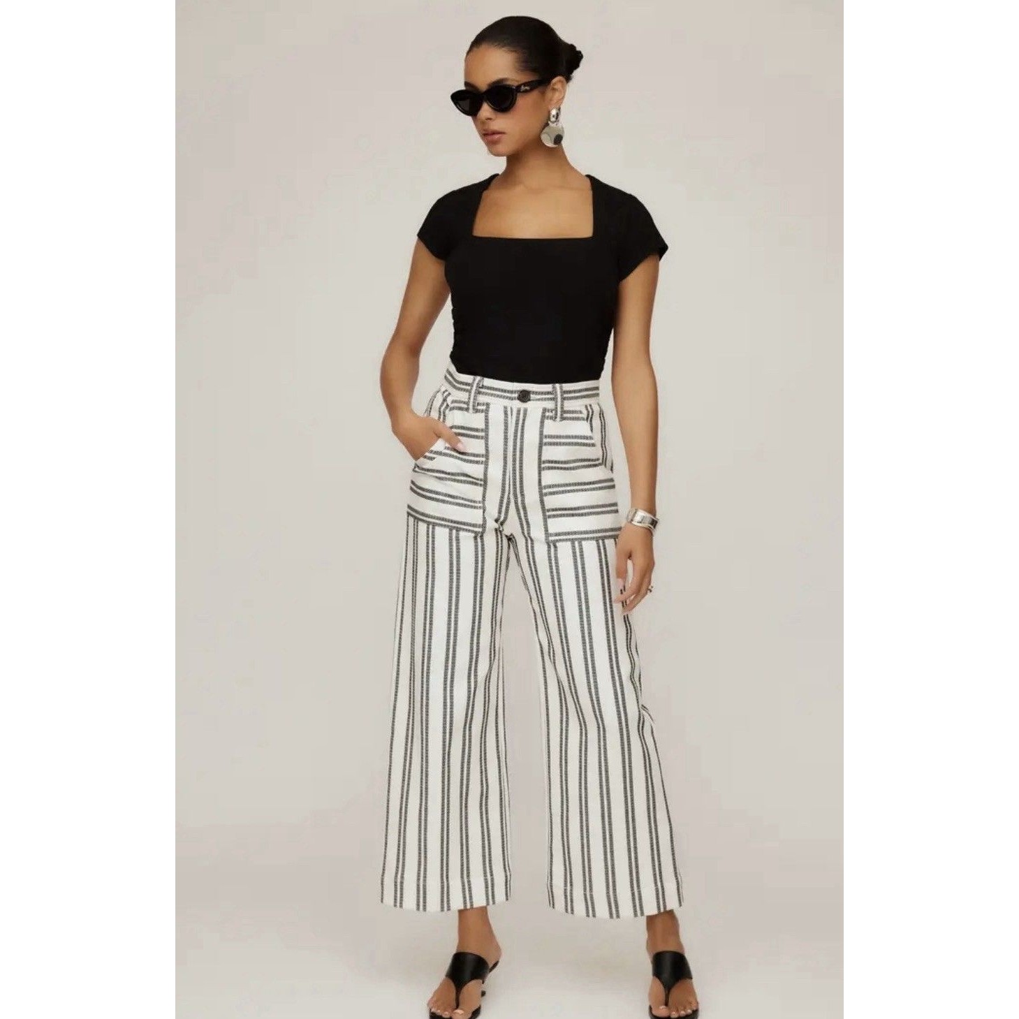 Fifteen Twenty Rylee Wide Leg Black White Striped Crop Pants Women’s 6 Nwot $235